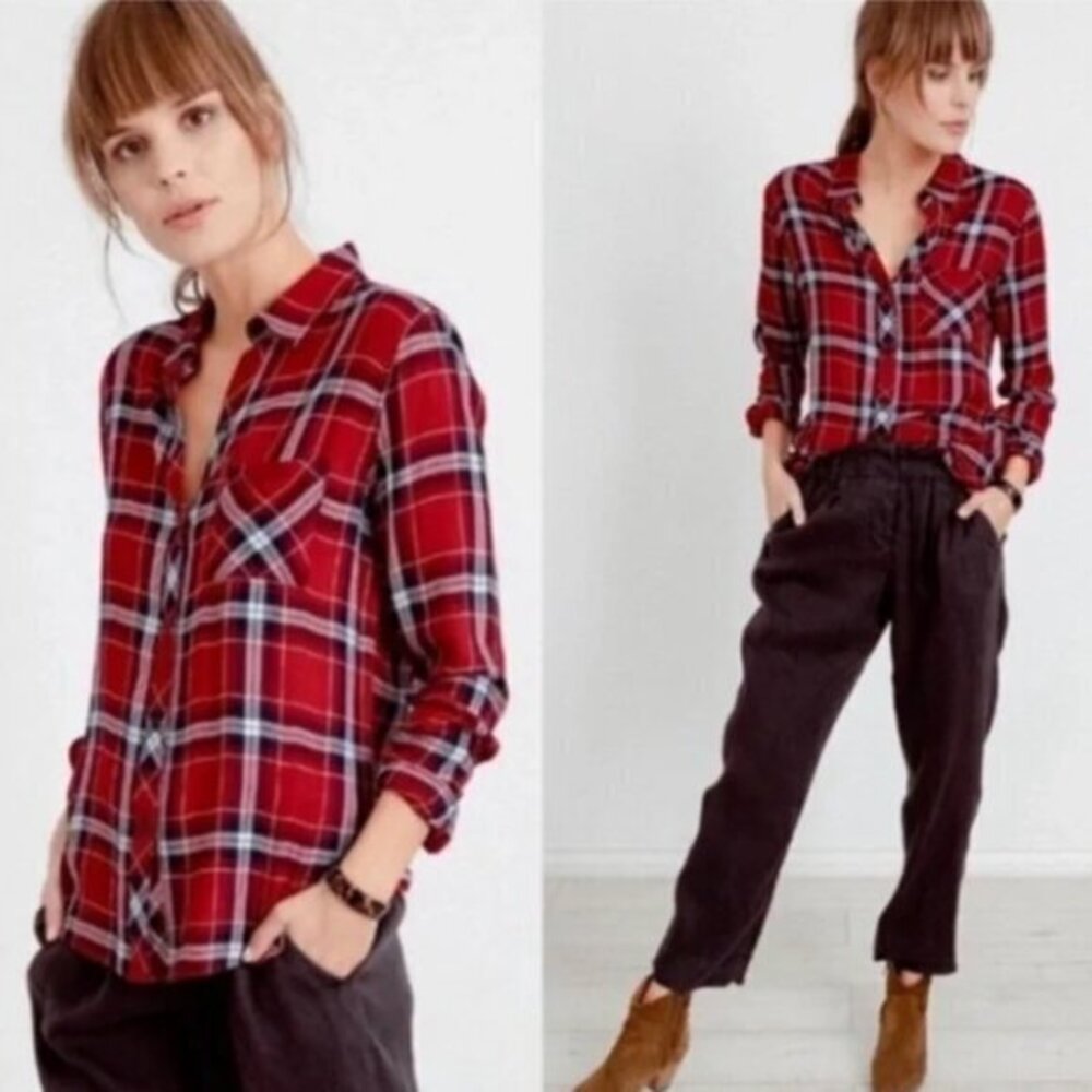 Rails Hunter Red Blue Plaid Button Down Flannel Blouse Size Small
